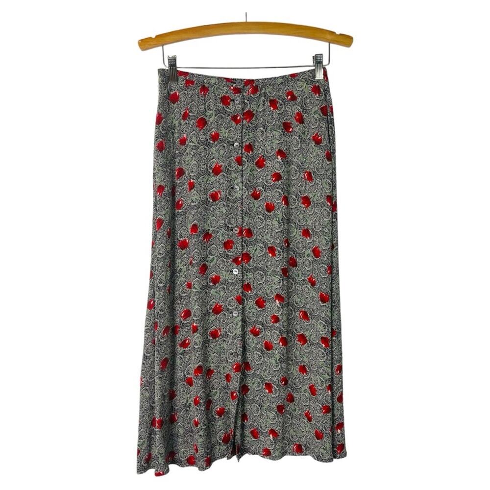 Vintage black white red floral cottagecore button midi skirt 2P